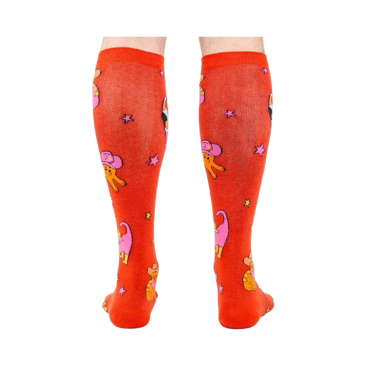 Back view of the 'Herding Cats' socks on a person's legs.