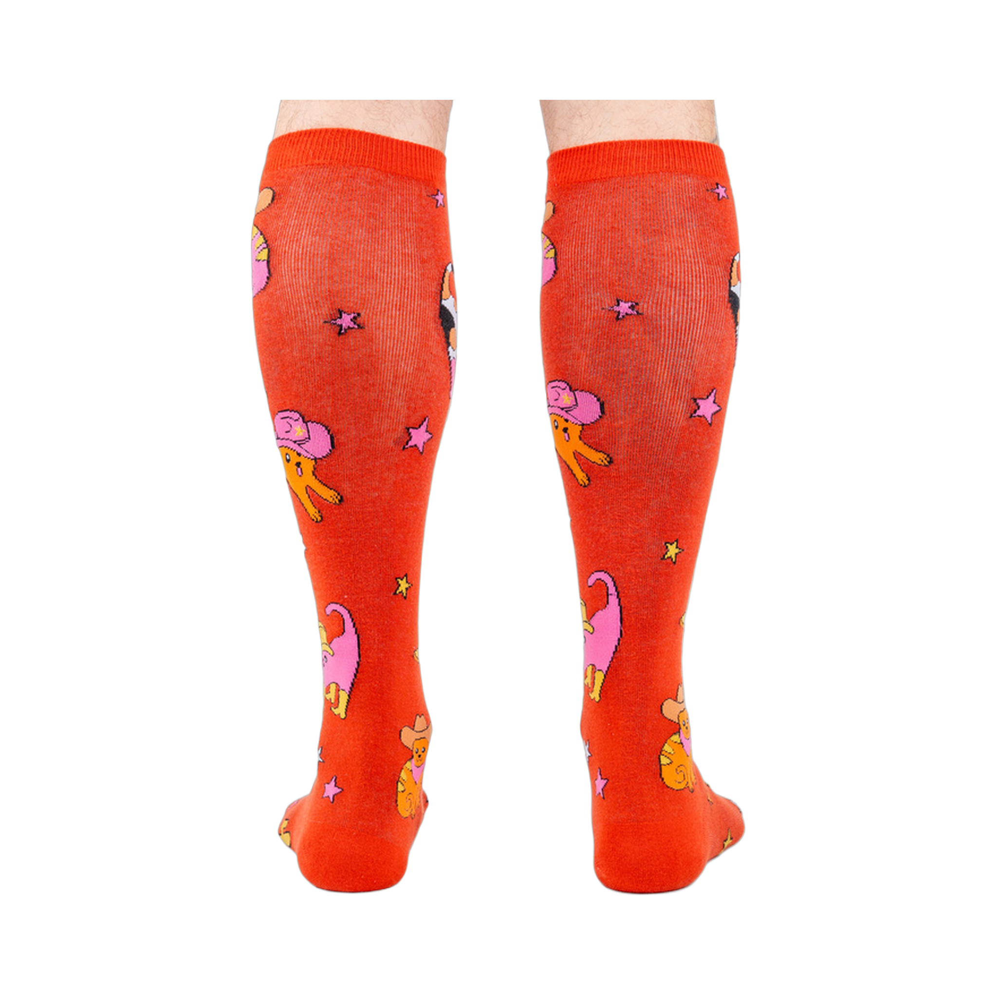 Back view of the 'Herding Cats' socks on a person's legs.