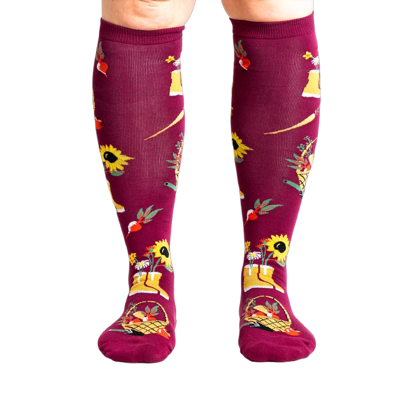 Lifestyle shot of model wearing Autumn Harvest knee-high socks.