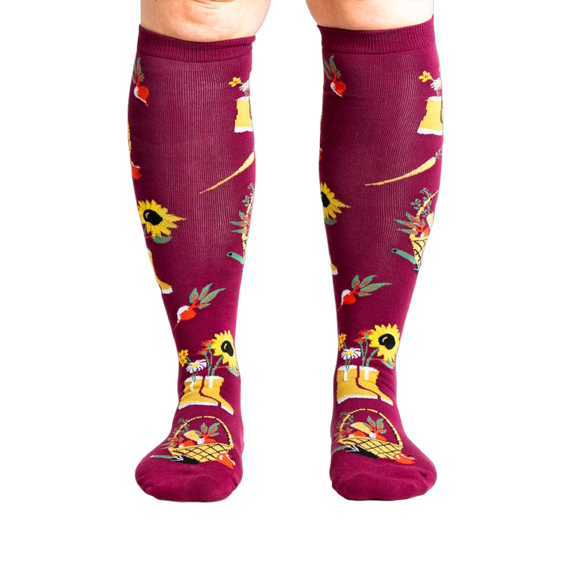 Lifestyle shot of model wearing Autumn Harvest knee-high socks.
