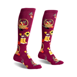 pair of knee-high socks with a garden theme. the socks are burgundy with yellow, green, and orange accents.  the socks feature a basket of fruit, flowers in a pot, and a pair of yellow rain boots. the image shows the socks from the side.  the socks are on a white background.