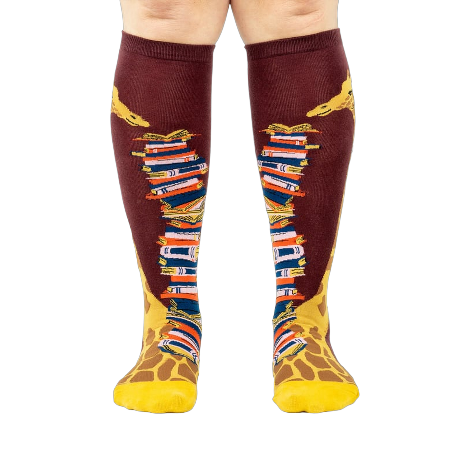 Front view of the socks, clearly showing the details of the giraffe and books.