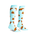 Pair of light blue knee-high socks with repeating pattern of brown capybaras and yellow ducklings.