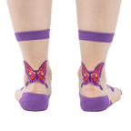Close-up detail shot showcasing the butterfly design on the sheer sock fabric.