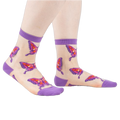 Sheer ankle socks in nude with purple cuffs and colorful butterfly designs. 