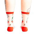 Back view of the strawberry socks, showing the design detail and the red-trimmed ankle.