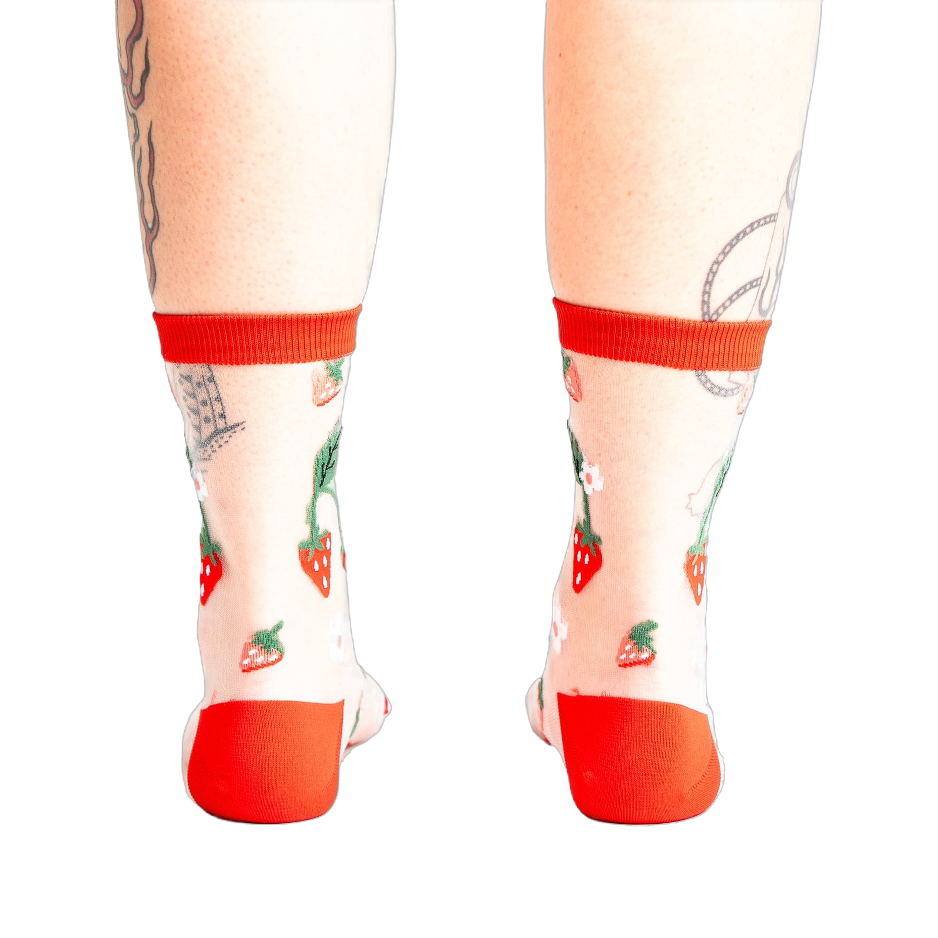 Back view of the strawberry socks, showing the design detail and the red-trimmed ankle.