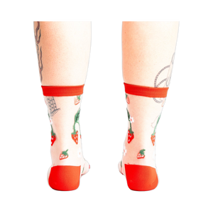 Back view of the strawberry socks, showing the design detail and the red-trimmed ankle.