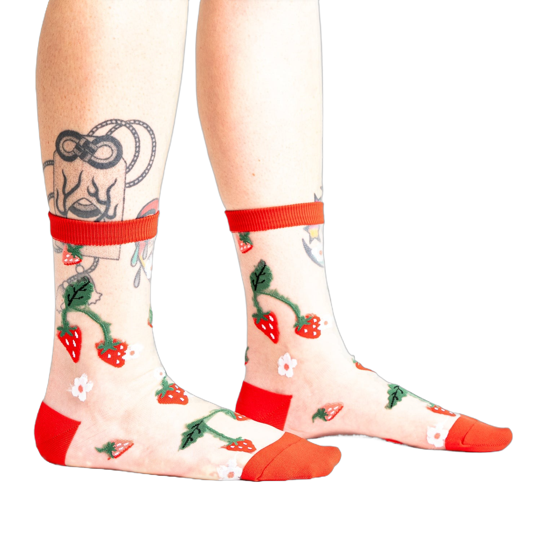 Pair of women's sheer ankle socks with a strawberry and flower design.  Red accents on the cuffs and toes complement the sheer mesh material.