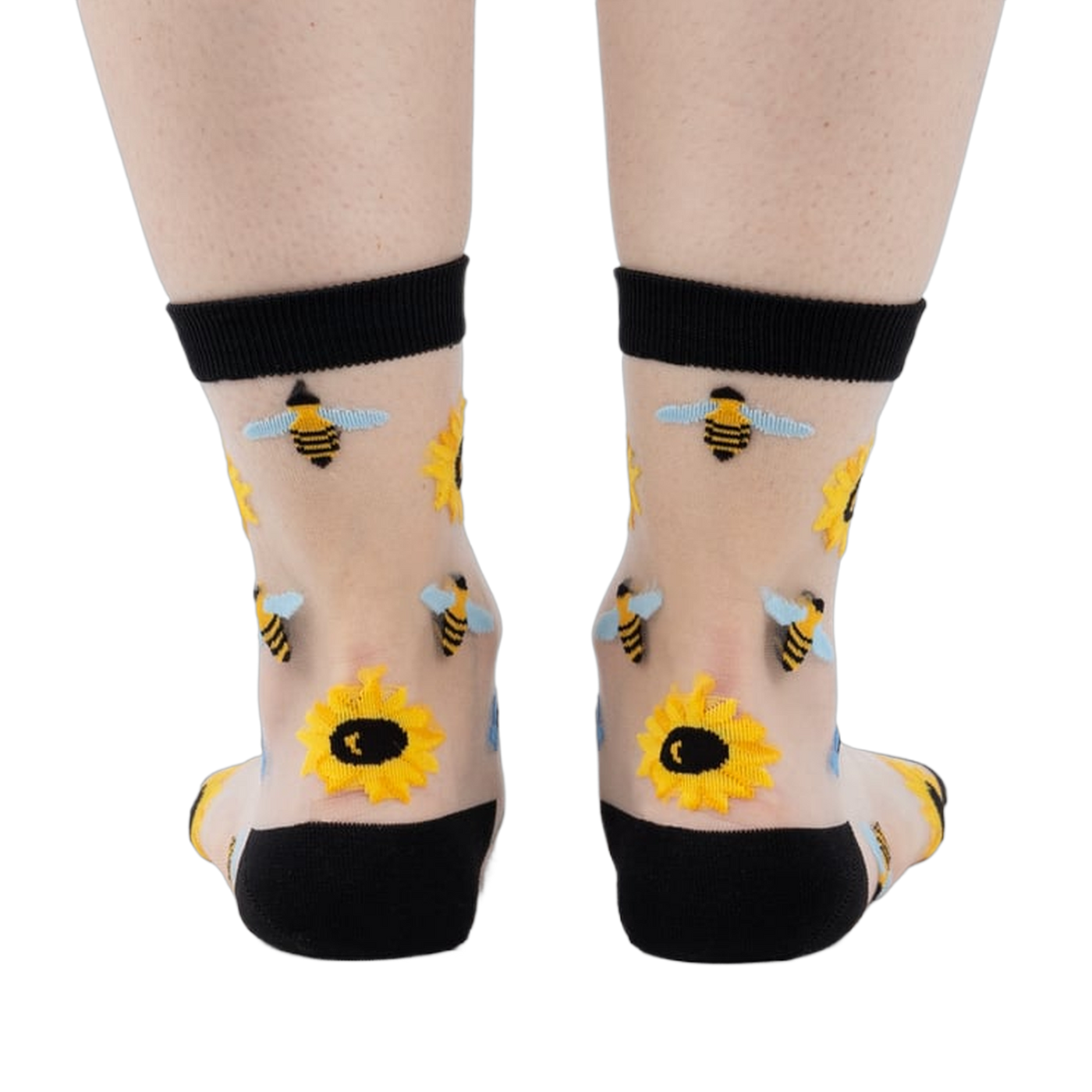 Back view of the sheer sunflower and bee socks, showing the design on the back of the socks.