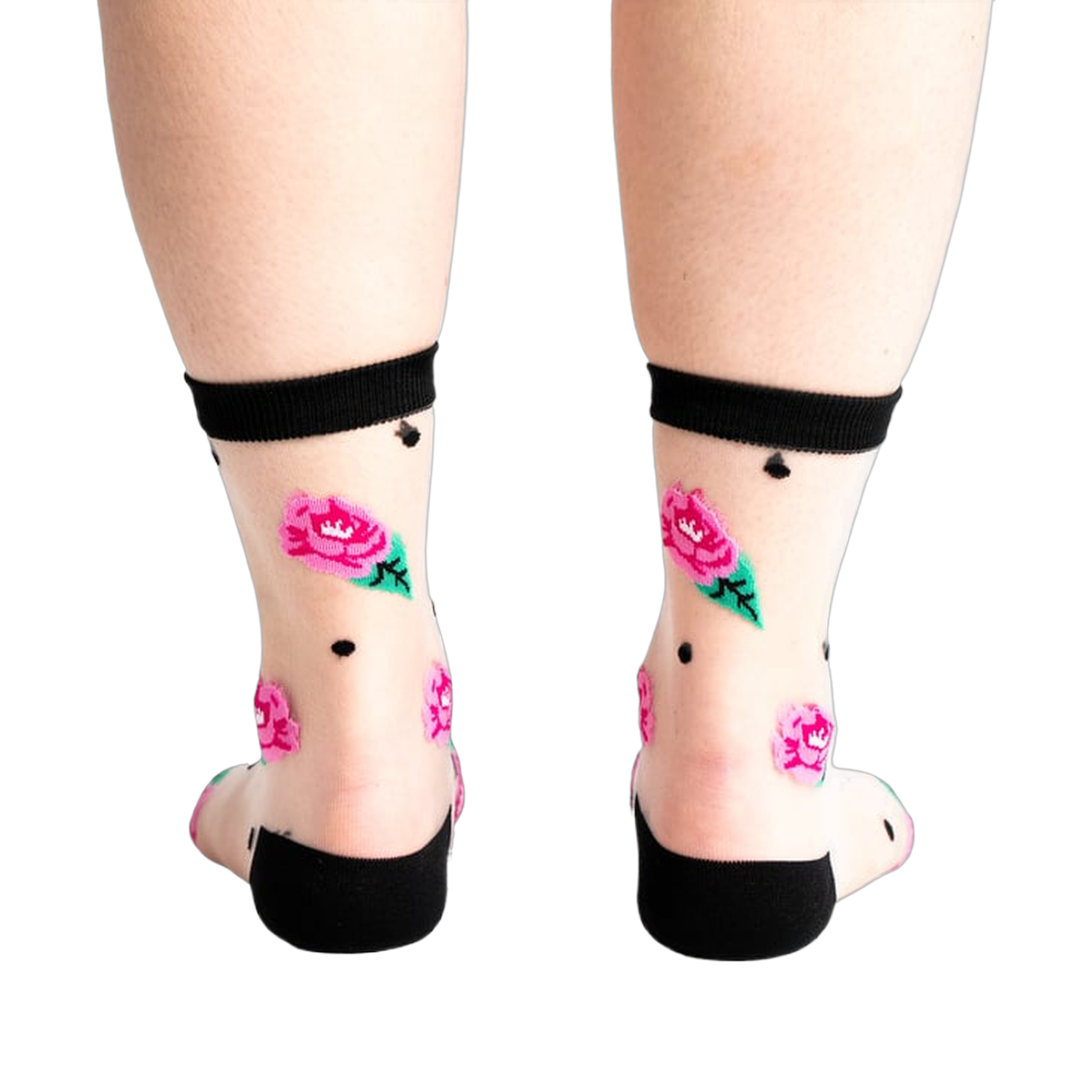 Back view of the socks showing the rose pattern and black detailing.