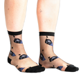 Front view of legs wearing sheer black ankle socks with dark blue and black rose patterns and small black dots on a white background.