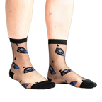 Front view of legs wearing sheer black ankle socks with dark blue and black rose patterns and small black dots on a white background.