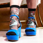 [lf] Sheer black socks with celestial patterns and a goddess design, worn with blue platform heels.
