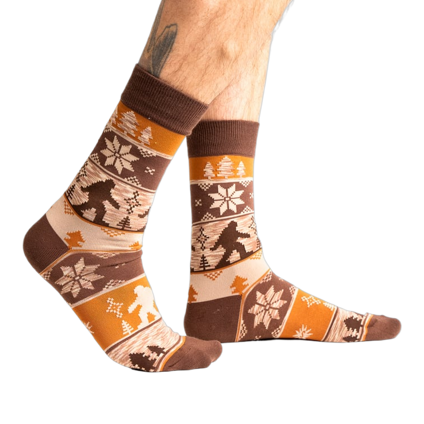 Lifestyle shot of Bigfoot socks on a person's feet, showcasing how they look when worn.