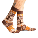 Lifestyle shot of Bigfoot socks on a person's feet, showcasing how they look when worn.