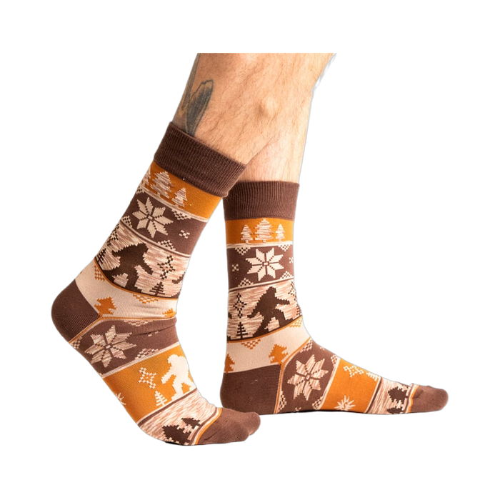 Lifestyle shot of Bigfoot socks on a person's feet, showcasing how they look when worn.