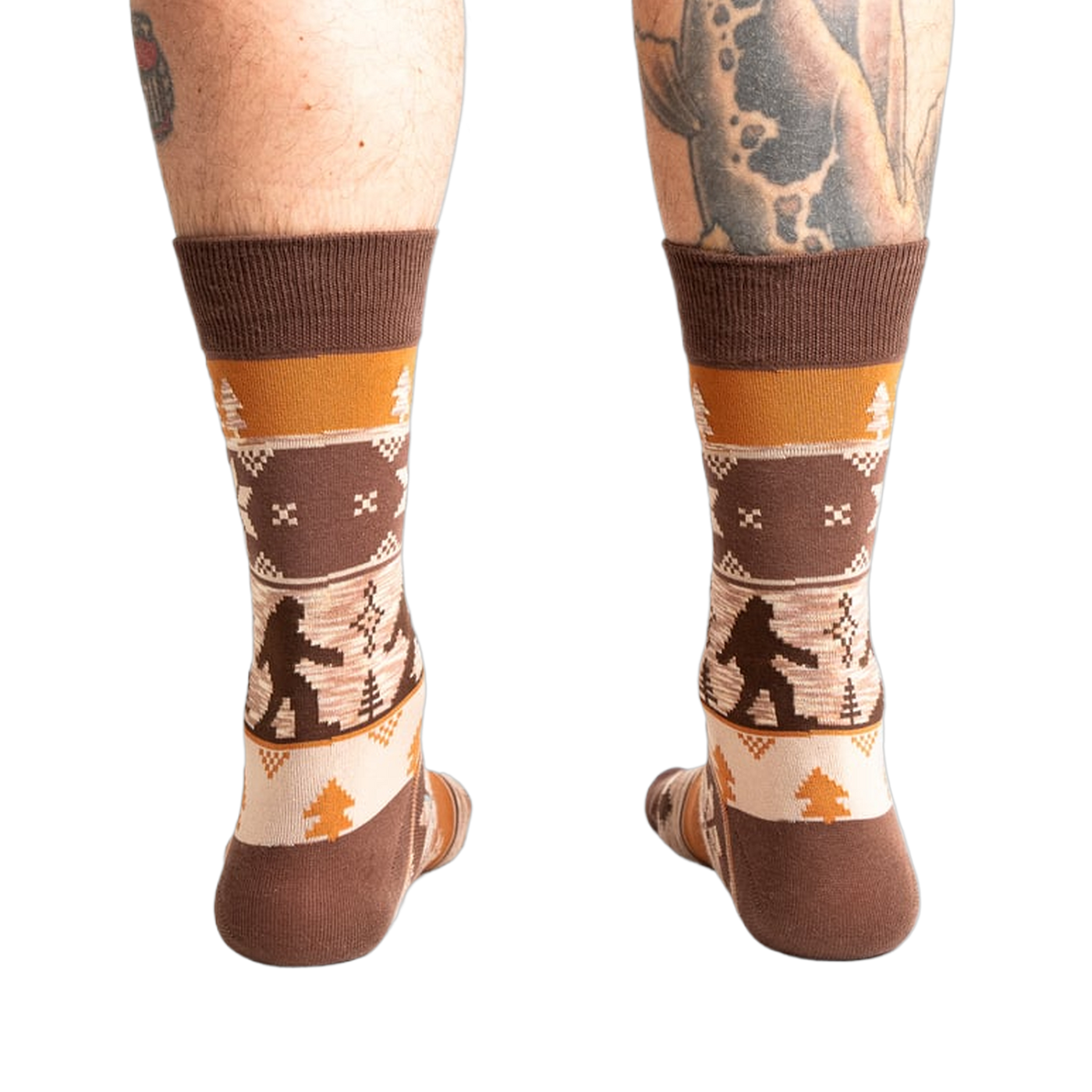 Rear view of the Bigfoot socks on a person's legs.