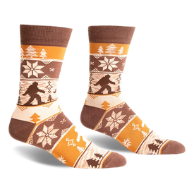 pair of brown, yellow and white socks with a bigfoot design, side view.