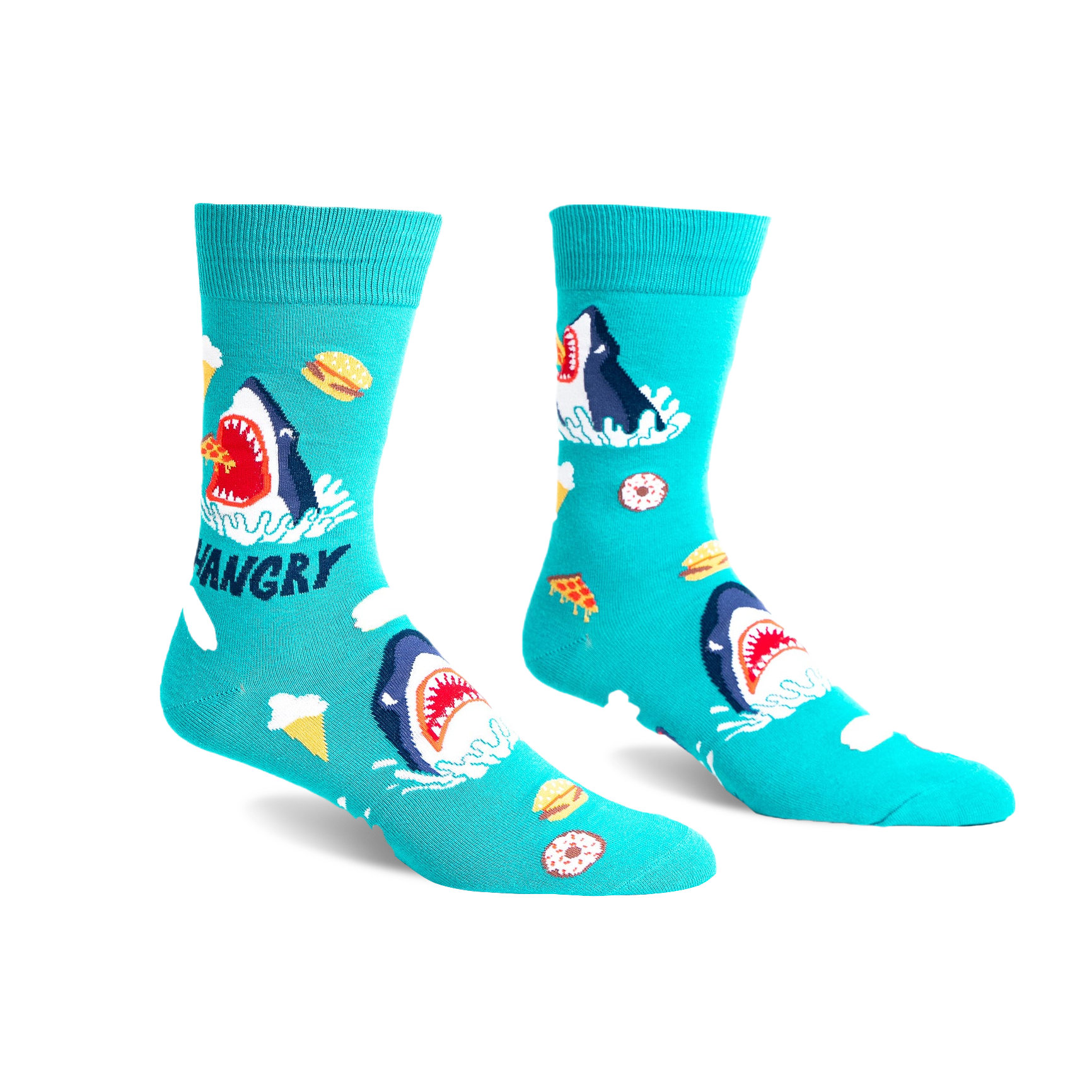 Pair of teal crew socks with a graphic design of a hungry shark surrounded by pizza, ice cream, and burgers.