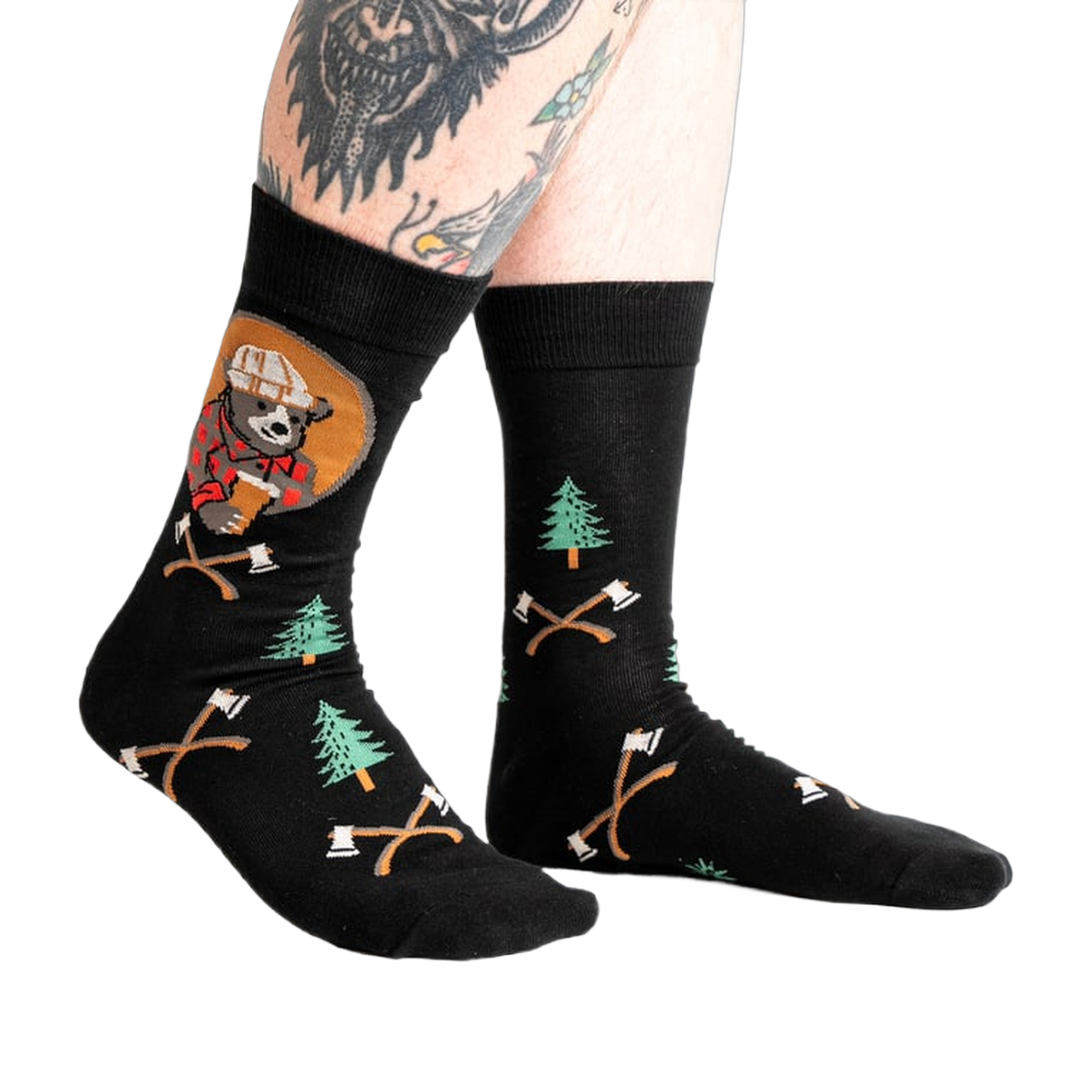 Lifestyle shot of Bear Necessities socks on a person's legs.