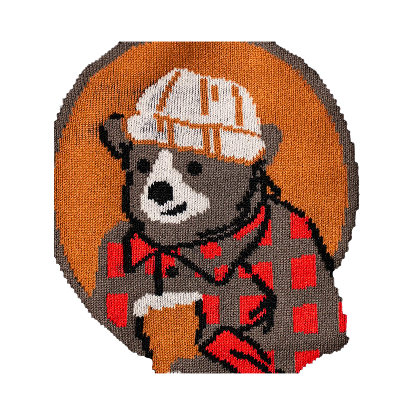 Close-up detail shot of the lumberjack bear design on the socks.