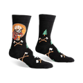 Black crew socks with a lumberjack bear, pine trees, and crossed axes design.  Features pops of red, orange, and green.