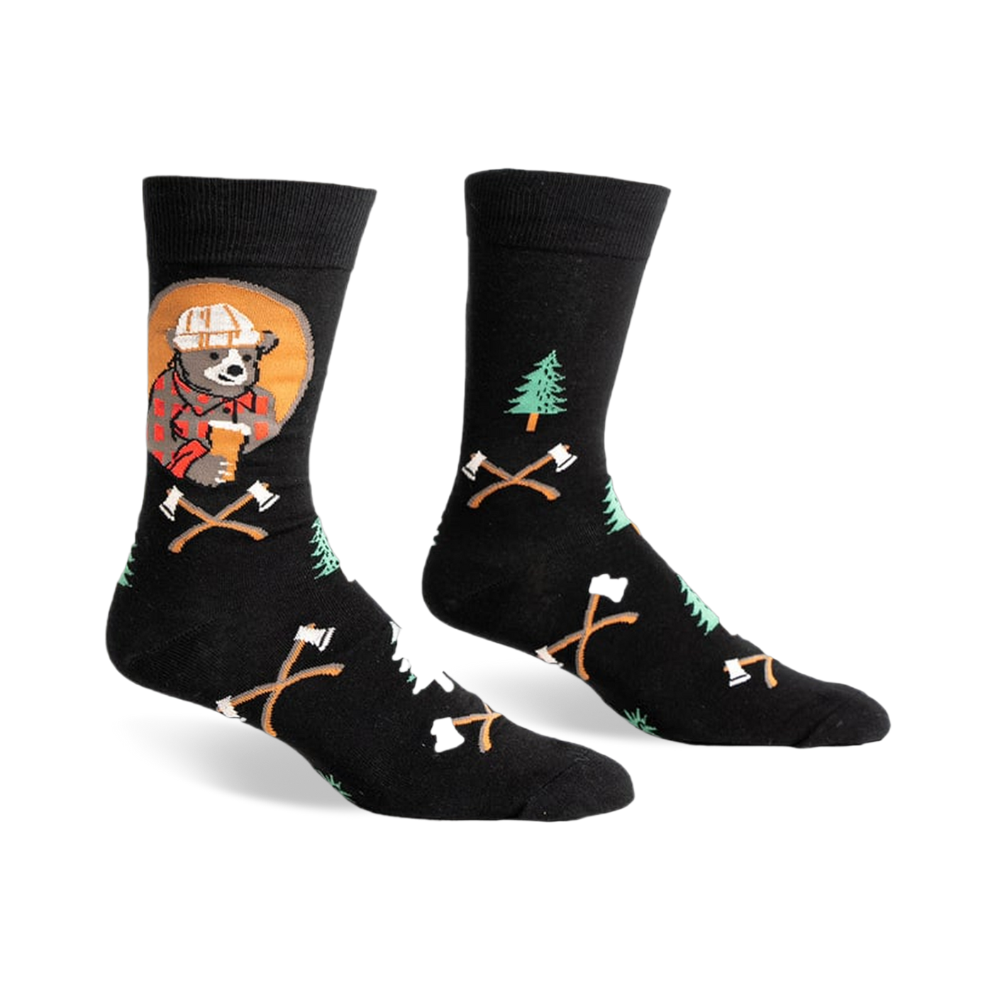 Black crew socks with a lumberjack bear, pine trees, and crossed axes design.  Features pops of red, orange, and green.