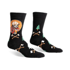 Black crew socks with a lumberjack bear, pine trees, and crossed axes design.  Features pops of red, orange, and green.