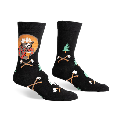 Black crew socks with a lumberjack bear, pine trees, and crossed axes design.  Features pops of red, orange, and green.