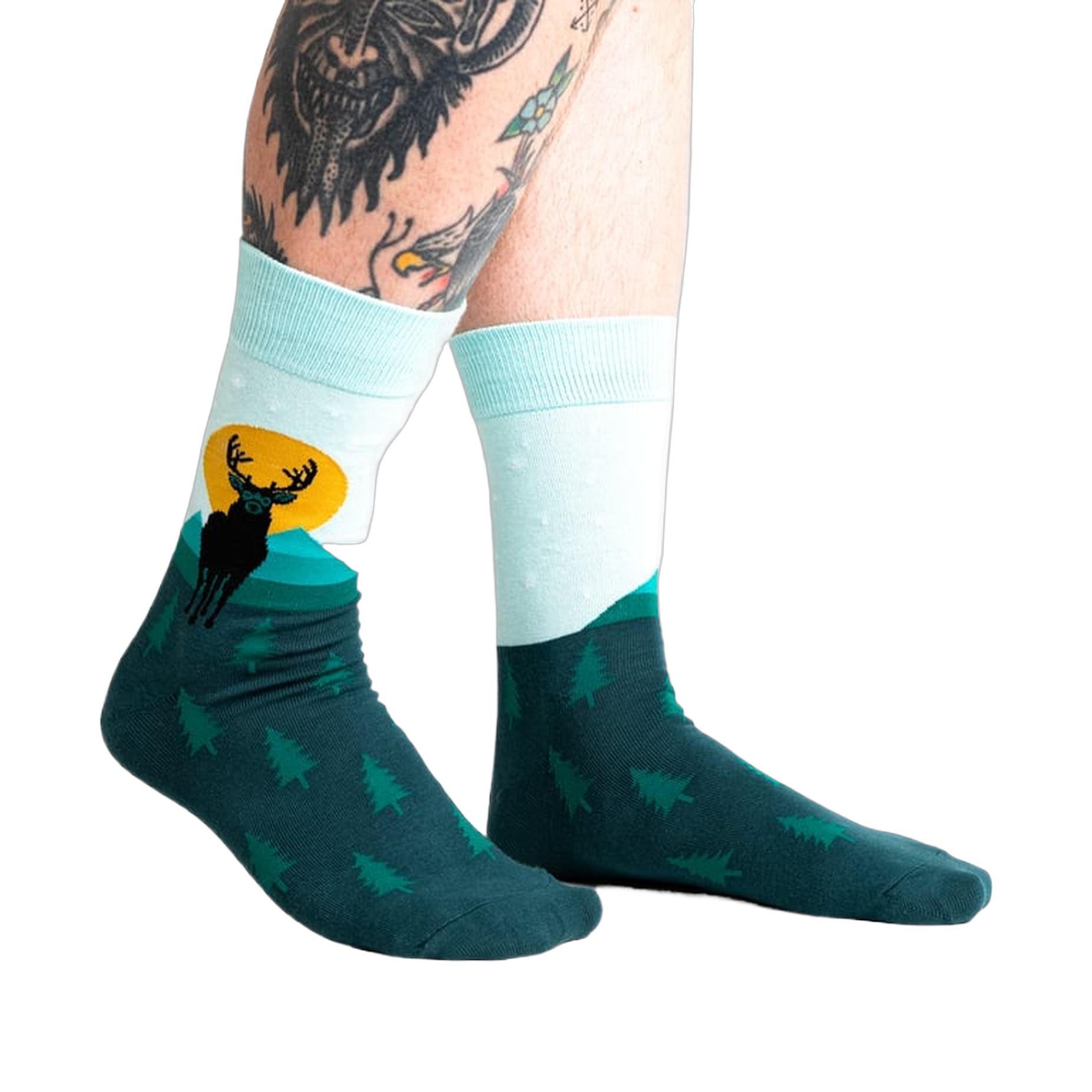 Lifestyle shot of a person wearing the Star Buck socks, showcasing the socks' design and fit.