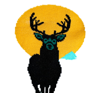 Close-up detail shot of the deer design on the socks, emphasizing the color and texture.