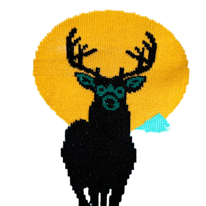 Close-up detail shot of the deer design on the socks, emphasizing the color and texture.
