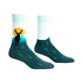 Pair of teal and mint crew socks featuring a black deer silhouette against a yellow sun and teal mountains.  Small pine trees cover the bottom.