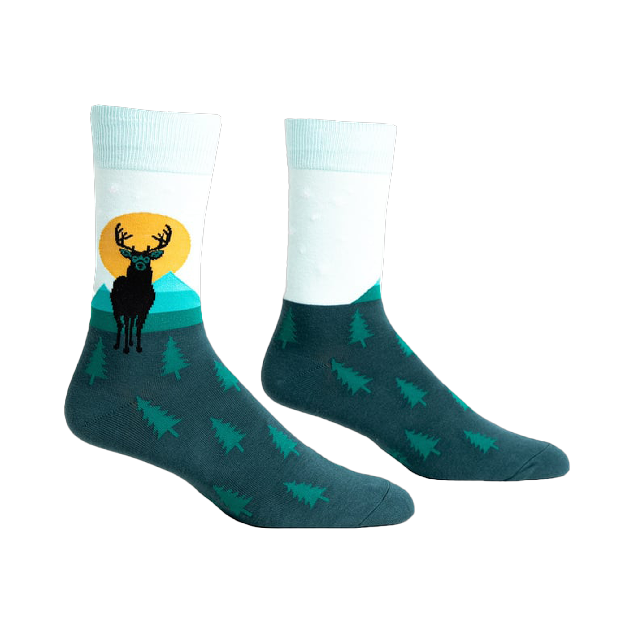 Pair of teal and mint crew socks featuring a black deer silhouette against a yellow sun and teal mountains.  Small pine trees cover the bottom.