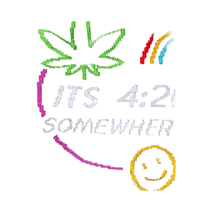 Close-up detail shot of the 'It's 4:20 Somewhere' text and graphics on the socks.