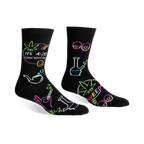 Black crew socks with a fun, colorful design featuring cannabis leaves, bongs, and the phrase 'It's 4:20 Somewhere'.