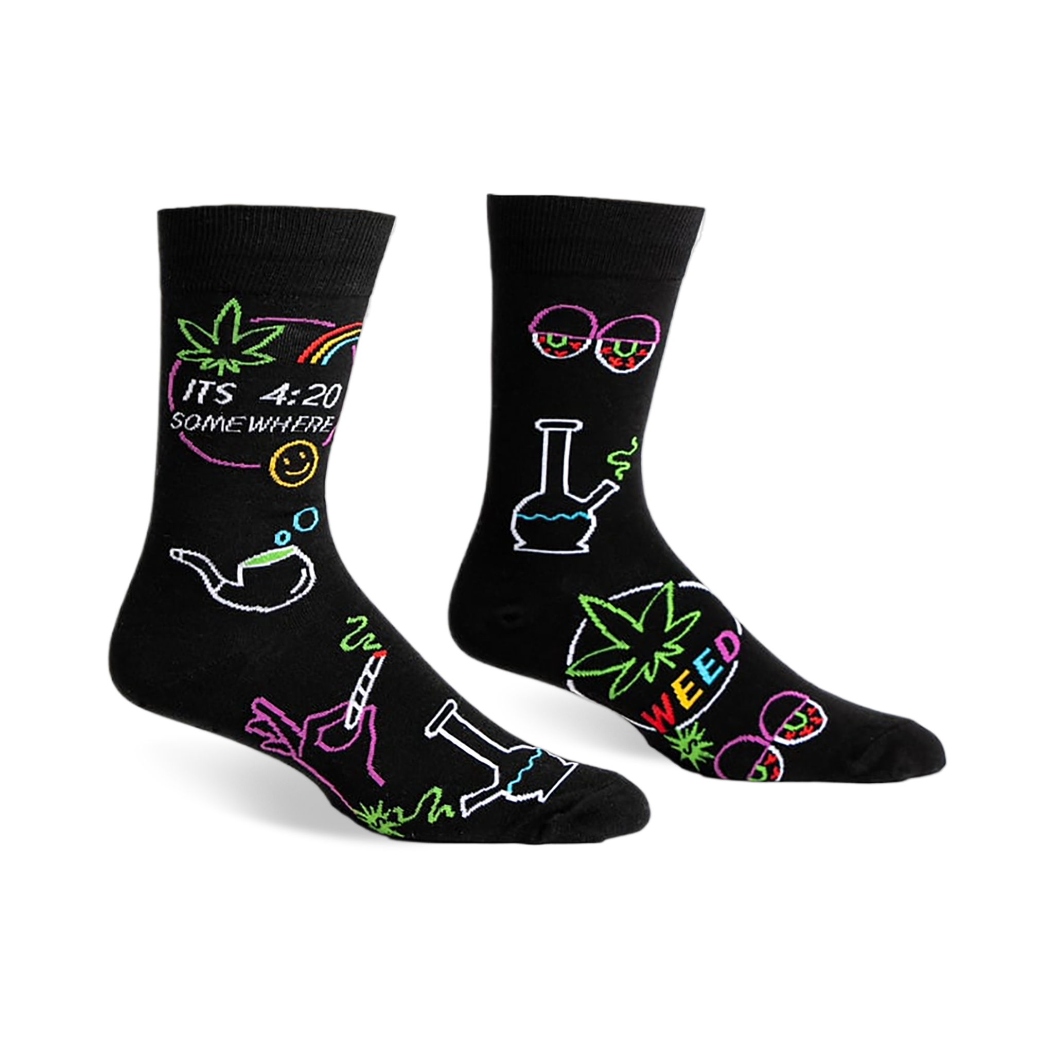 Black crew socks with a fun, colorful design featuring cannabis leaves, bongs, and the phrase 'It's 4:20 Somewhere'.