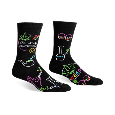 Black crew socks with a fun, colorful design featuring cannabis leaves, bongs, and the phrase 'It's 4:20 Somewhere'.