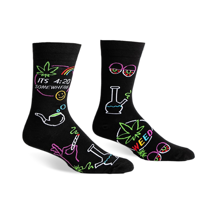 Black crew socks with a fun, colorful design featuring cannabis leaves, bongs, and the phrase 'It's 4:20 Somewhere'.