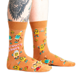 Lifestyle shot of a person wearing the 'Don't Worry, Be Hoppy' socks.