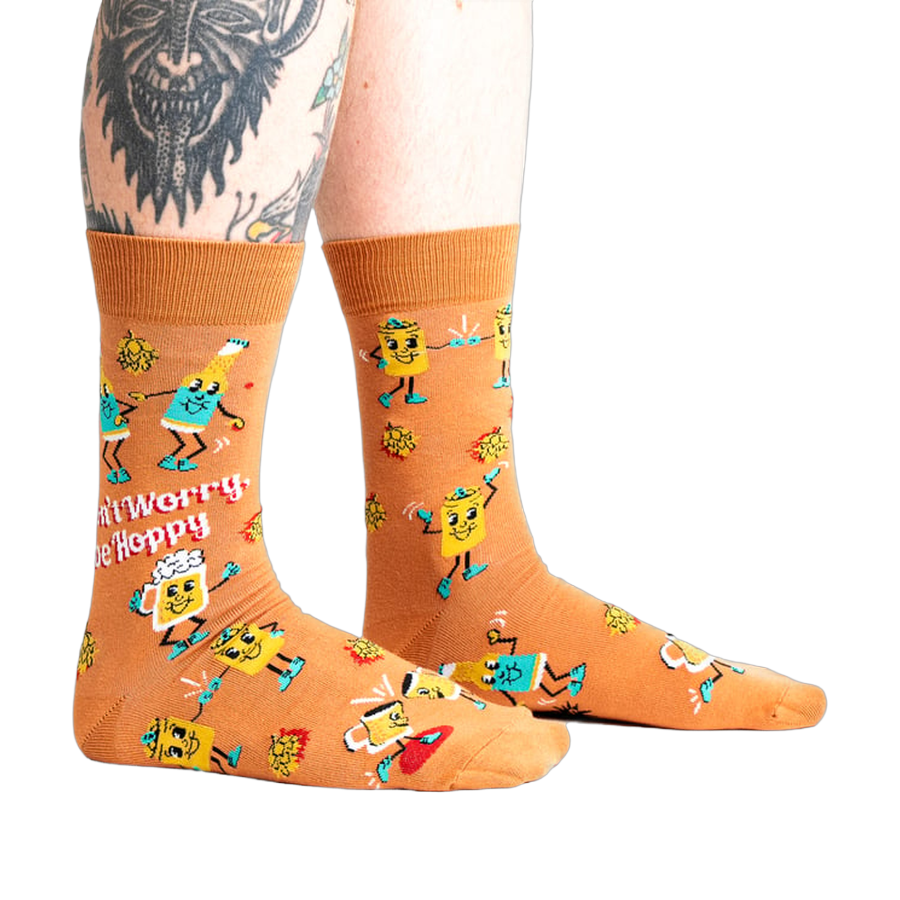 Lifestyle shot of a person wearing the 'Don't Worry, Be Hoppy' socks.
