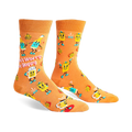 Crew socks in orange with a fun design featuring dancing beer bottles, hops, and the phrase 'Don't Worry, Be Hoppy'.
