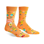 Crew socks in orange with a fun design featuring dancing beer bottles, hops, and the phrase 'Don't Worry, Be Hoppy'.