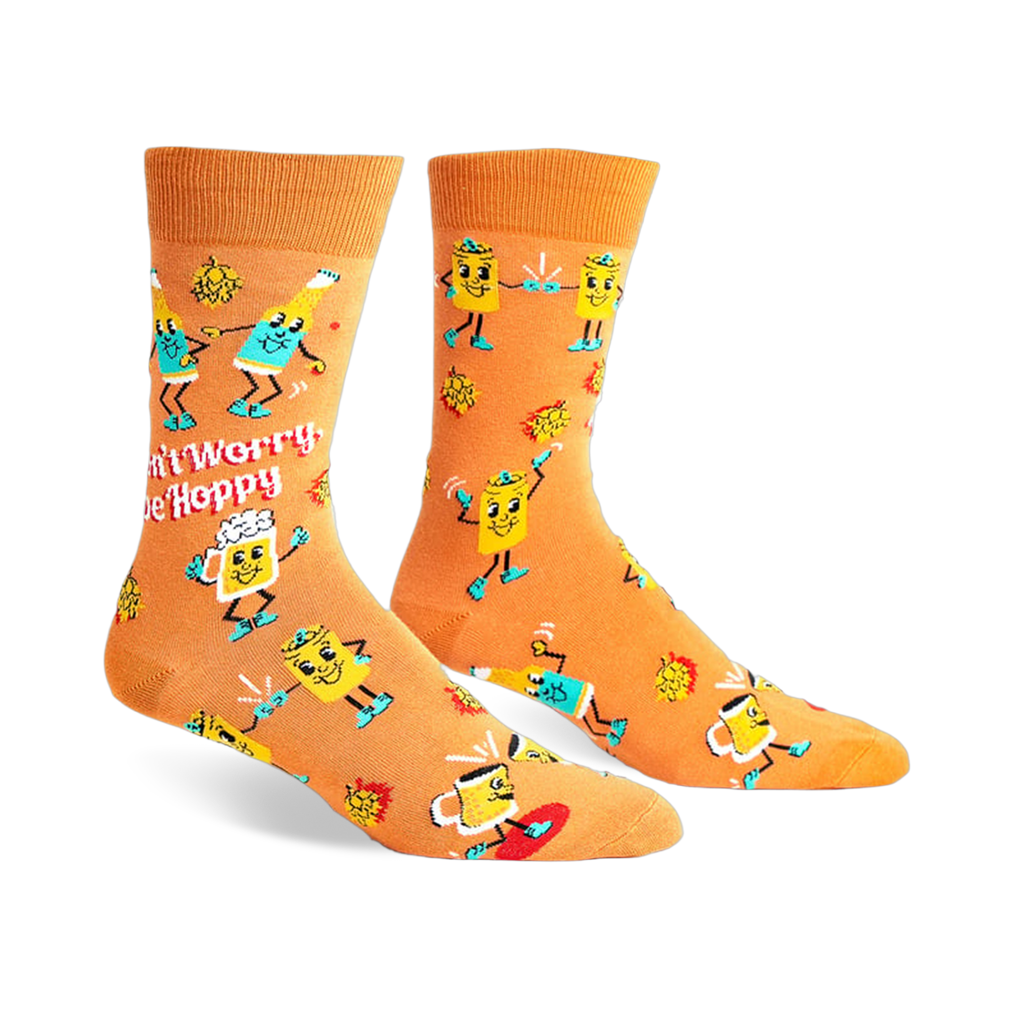 Crew socks in orange with a fun design featuring dancing beer bottles, hops, and the phrase 'Don't Worry, Be Hoppy'.
