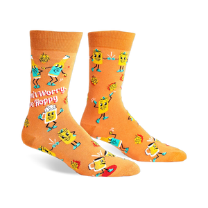 Crew socks in orange with a fun design featuring dancing beer bottles, hops, and the phrase 'Don't Worry, Be Hoppy'.