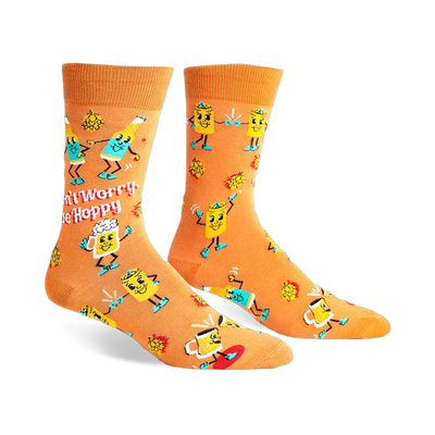 Crew socks in orange with a fun design featuring dancing beer bottles, hops, and the phrase 'Don't Worry, Be Hoppy'.