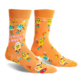 front view of a pair of orange socks with a pattern of cartoon beer mugs with arms and legs. the text "don't worry be hoppy" is printed on the socks.