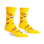 A pair of yellow crew socks with a fun pattern of fried chicken and dipping sauce.  The design is playful and colorful.
