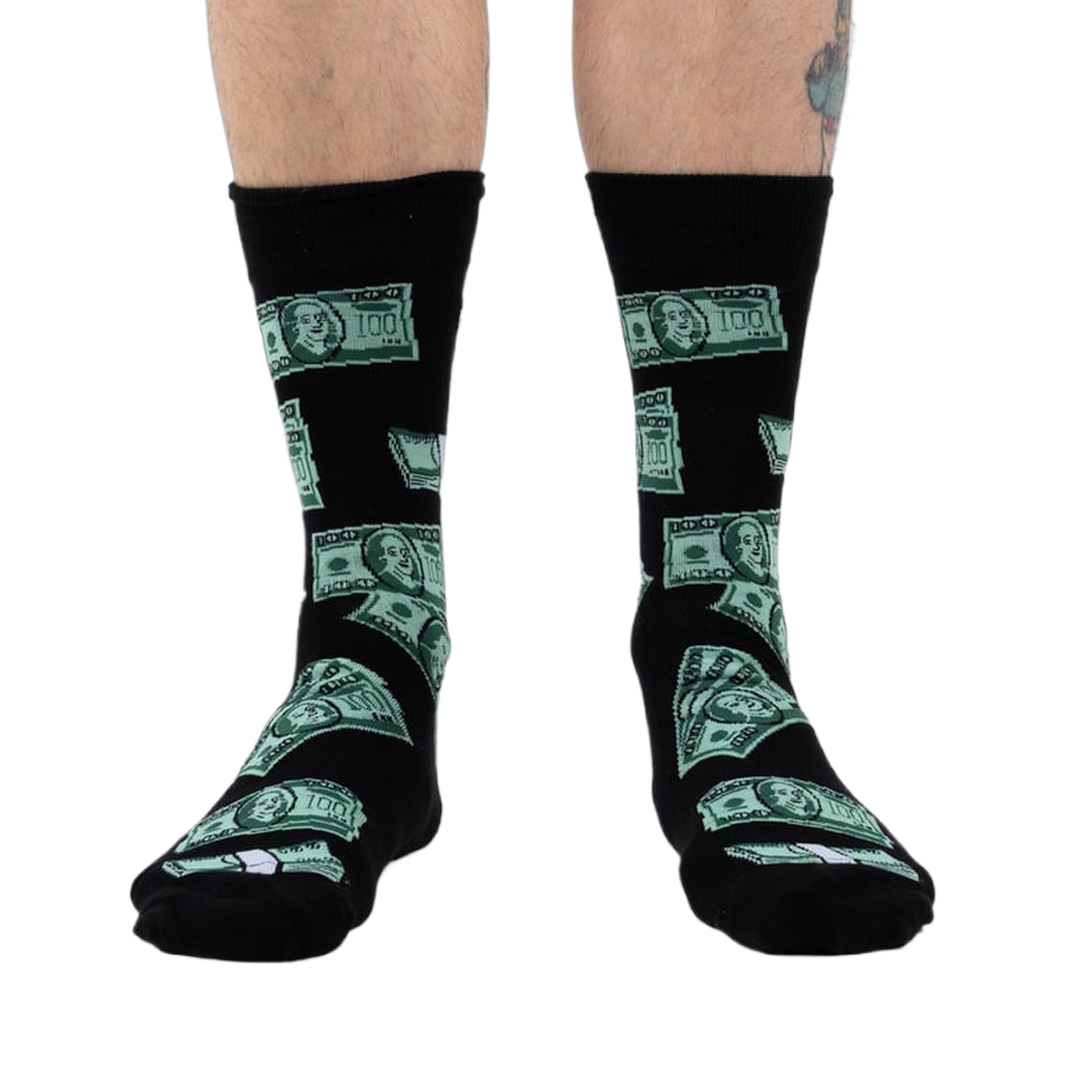 Flatlay image showcasing the black crew socks with green $100 bill design, highlighting the overall pattern.